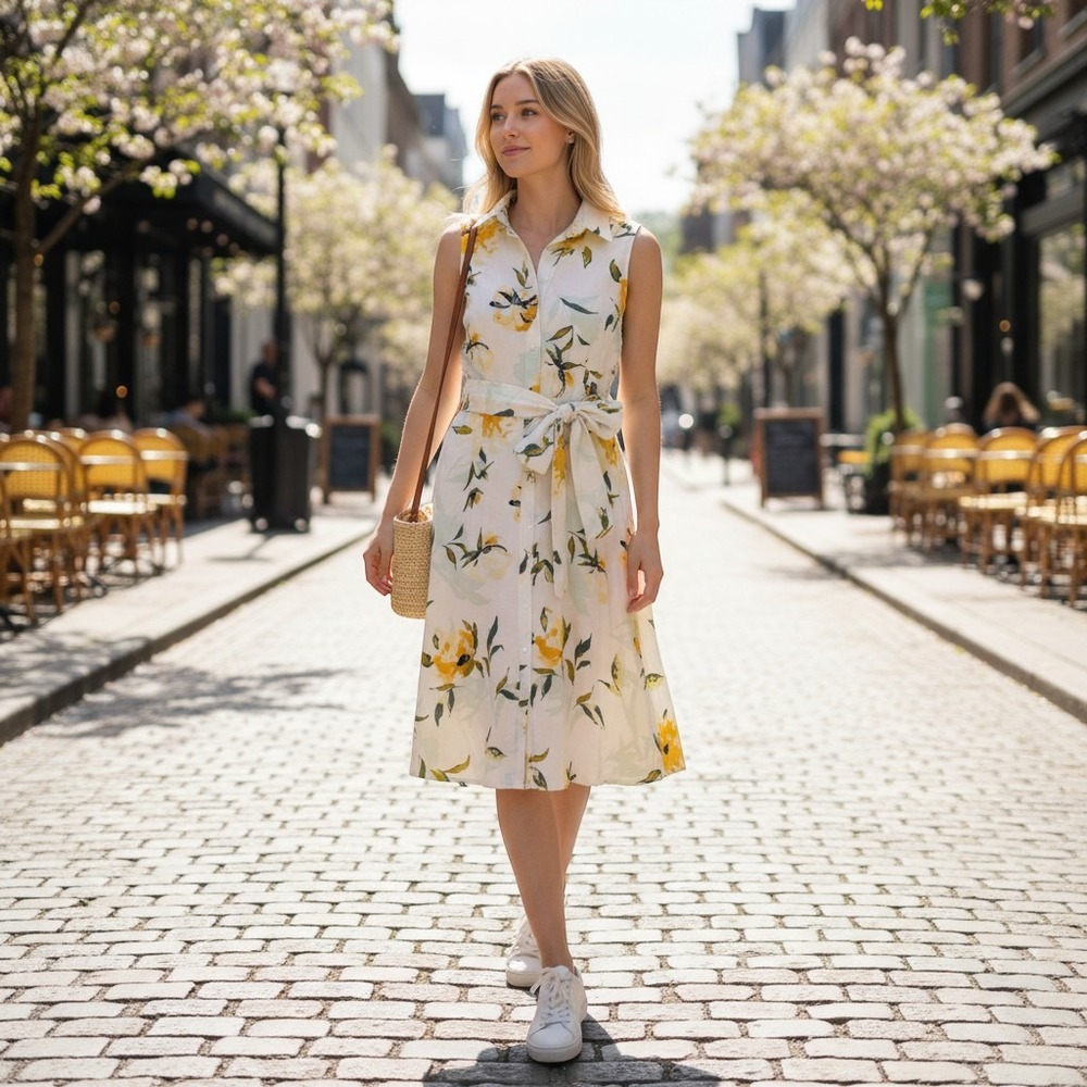 Ann Taylor Factory Petite 4P Yellow Floral Sleeveless Midi Shirt Dress with Belt